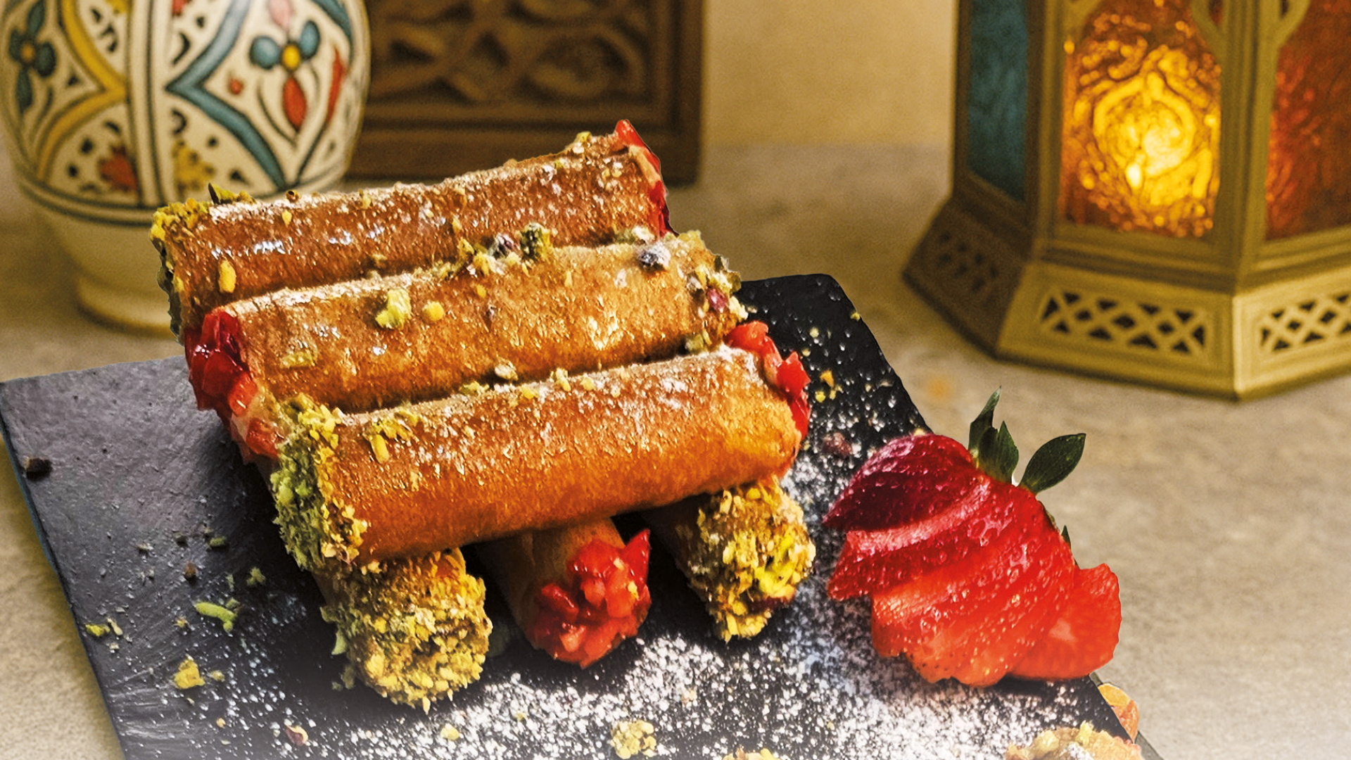 Mkhakh (Cannoli aux feuilles de briks) Douceur Croquante à la Pistache & Fraise:  Une romance sucrée entre patrimoine et modernité